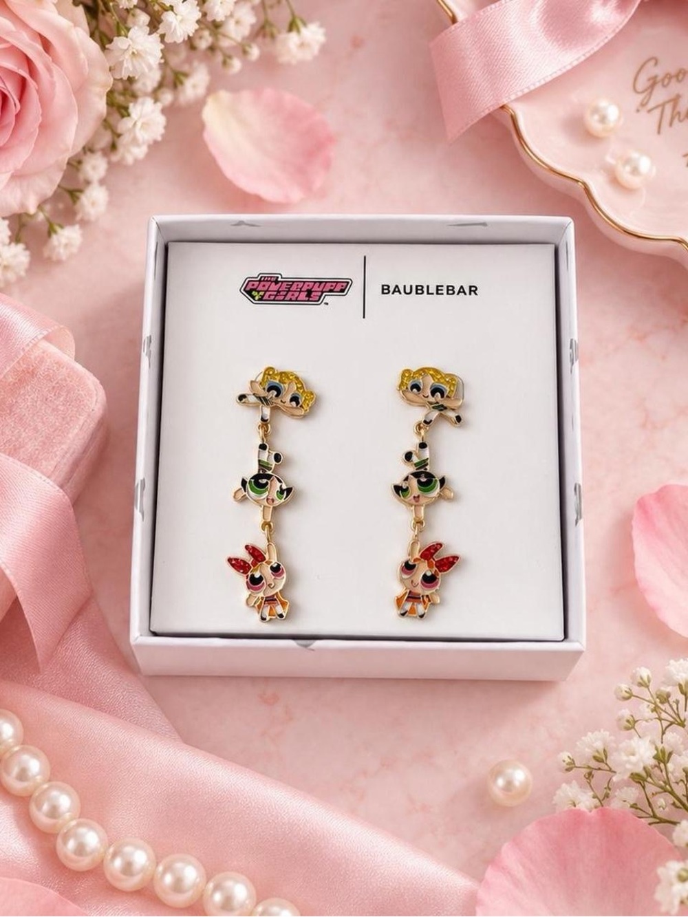 NWT BaubleBar x The Powerpuff Girls Gold Tone Drop Earrings